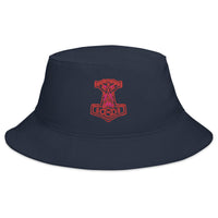 Navy bucket hat with Odin War Hammer embroidered artwork, front view