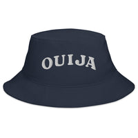 Navy bucket hat with Ouija Spirit Board Words embroidered artwork, front view