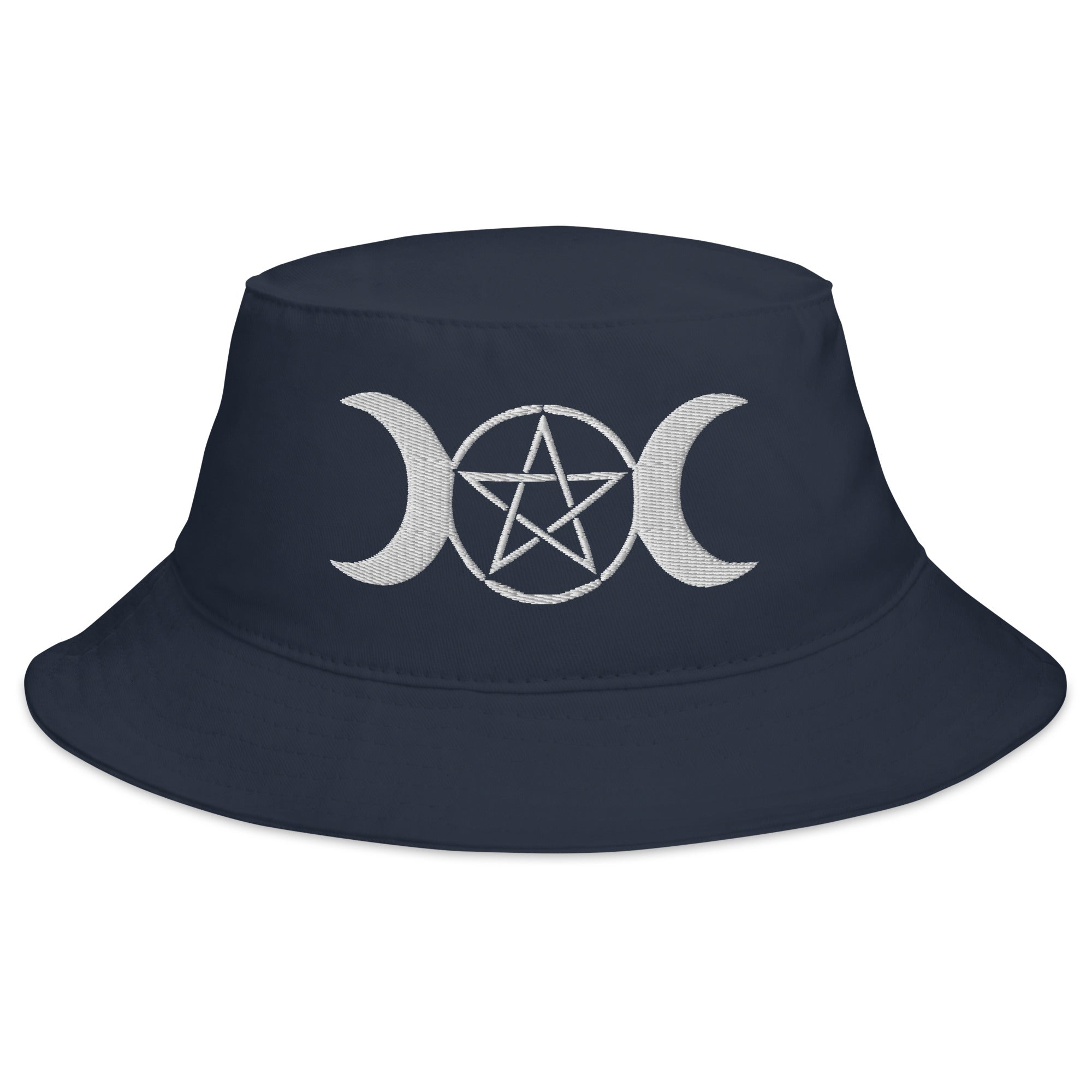 White Pagan Triple Moon Goddess Embroidered Bucket Hat Wiccan Pentagram