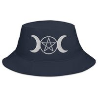 Navy bucket hat with White Pagan Triple Moon Goddess embroidered artwork, front view