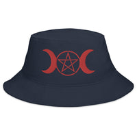 Navy bucket hat with Red Pagan Triple Moon Goddess embroidered artwork, front view