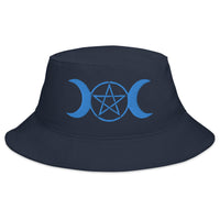 Navy bucket hat with Blue Pagan Triple Moon Goddess embroidered artwork, front view