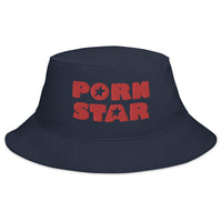 Navy bucket hat with Red Porn Star Logo embroidered artwork, front view