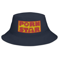 Navy bucket hat with Occupation Porn Star Logo embroidered artwork, front view