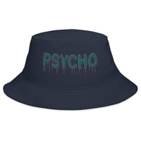 Navy bucket hat with Psychobilly Horror Psycho embroidered artwork, front view