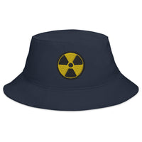 Navy bucket hat with Radioactive Sign embroidered artwork, front view