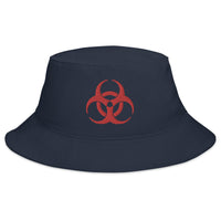 Navy bucket hat with Red Bio Hazard Symbol Warning Sign embroidered artwork, front view