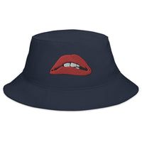 Navy bucket hat with Rocky Horror Picture Show Lips embroidered artwork, front view