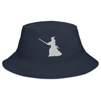 Navy bucket hat with Ronin Samurai Warrior Swordsman embroidered artwork, front view