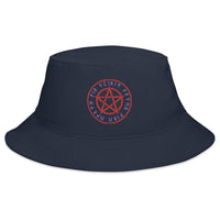 Navy bucket hat with Rune Script Wiccan Ritual Pentagram embroidered artwork, front view