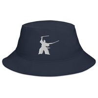 Navy bucket hat with Samurai Two Sword Technique embroidered artwork, front view