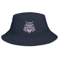 Navy bucket hat with Samurai Warrior Mask embroidered artwork, front view