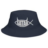 Navy bucket hat with Satan Fish with Horns Religious Satire embroidered artwork, front view