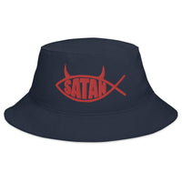 Navy bucket hat with Red Satan Fish with Horns Religious Satire embroidered artwork, front view