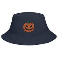 Navy bucket hat with Scary Jack O Lantern Halloween Pumpkin embroidered artwork, front view