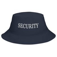 Navy bucket hat with Security embroidered artwork, front view