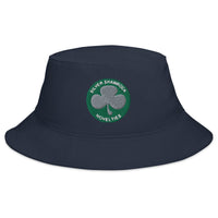 Navy bucket hat with Silver Shamrock Novelties embroidered artwork, front view