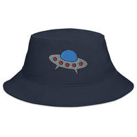 Navy bucket hat with Space Alien Ship UFO Flying Saucer embroidered artwork, front view