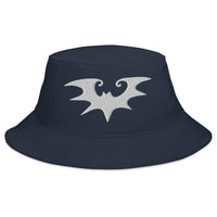 Navy bucket hat with Spooky Goth Vampire Bat embroidered artwork, front view