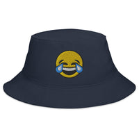 Navy bucket hat with Tears of Joy Emoji embroidered artwork, front view