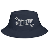 Navy bucket hat with The Apothecary embroidered artwork, front view
