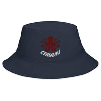 Navy bucket hat with The Call of Cthulhu Horror Fiction embroidered artwork, front view