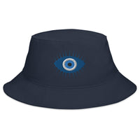 Navy bucket hat with The Curse of the Evil Eye embroidered artwork, front view