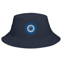 Navy bucket hat with The Evil Eye embroidered artwork, front view