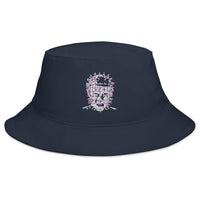 Navy bucket hat with The Hell Priest Cenobite Demon embroidered artwork, front view