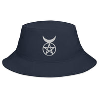 Navy bucket hat with The Horned God embroidered artwork, front view