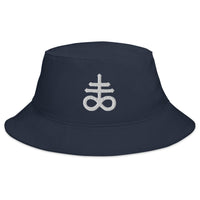 Navy bucket hat with White The Leviathan Cross of Satan Occult Symbol embroidered artwork, front view