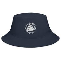 Navy bucket hat with The Valknut Symbol with Viking Runes embroidered artwork, front view
