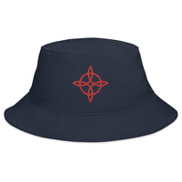 Navy bucket hat with Red Witches Knot embroidered artwork, front view