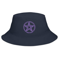 Navy bucket hat with Purple Witching Hour Woven Pentagram embroidered artwork, front view