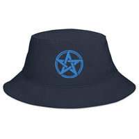 Navy bucket hat with Blue Witching Hour Woven Pentagram embroidered artwork, front view