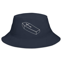 Navy bucket hat with Toe Pincher Coffin with Cross embroidered artwork, front view