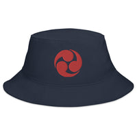 Navy bucket hat with Tomoe Mitsudomoe Japanese Symbol embroidered artwork, front view