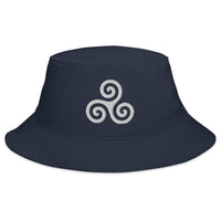Navy bucket hat with White Triskelion or Triskeles Spiral embroidered artwork, front view