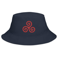 Navy bucket hat with Red Triskelion or Triskeles Spiral embroidered artwork, front view