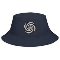 Navy bucket hat with Twilight Zone Hypnotic Hypnosis Spiral Illusion embroidered artwork, front view