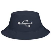Navy bucket hat with USB Symbol embroidered artwork, front view