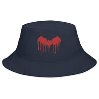 Navy bucket hat with Red Vampire Bat Blood Drip embroidered artwork, front view