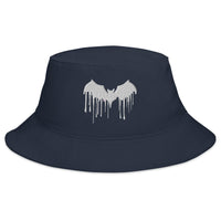 Navy bucket hat with White Vampire Bat Blood Drip embroidered artwork, front view