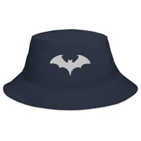 Navy bucket hat with Vampire Bat Goth Style Halloween embroidered artwork, front view