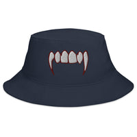 Navy bucket hat with Vampire Fangs embroidered artwork, front view