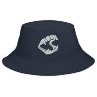Navy bucket hat with White Vampire Fangs Novelty Halloween Toy Trick or Treat embroidered artwork, front view