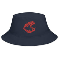 Navy bucket hat with Red Vampire Fangs Novelty Halloween Toy Trick or Treat embroidered artwork, front view