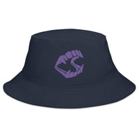 Navy bucket hat with Purple Vampire Fangs Novelty Halloween Toy Trick or Treat embroidered artwork, front view