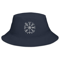 Navy bucket hat with Vegvisir Way Finder Compass embroidered artwork, front view