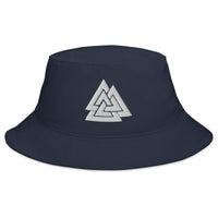 Navy bucket hat with Viking Symbol Valknut Triangles of Power and Glory embroidered artwork, front view
